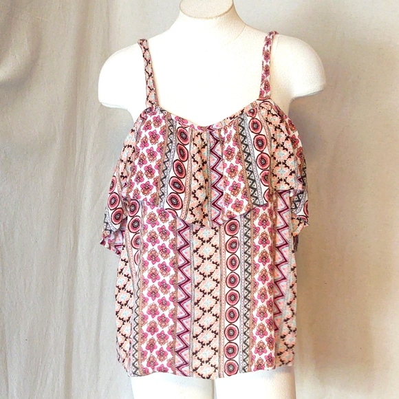 Midnight Sky Cold Shoulder Peasant Top, Colorful Geometric Floral women’s Large - Picture 7 of 10